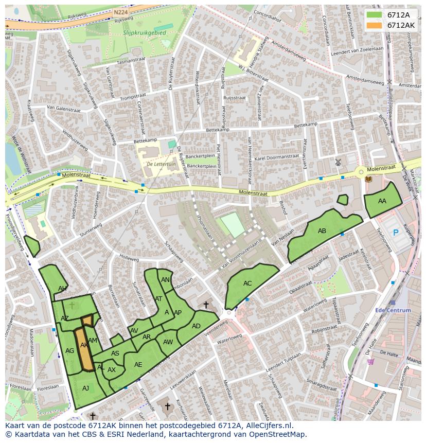 Afbeelding van het postcodegebied 6712 AK op de kaart.