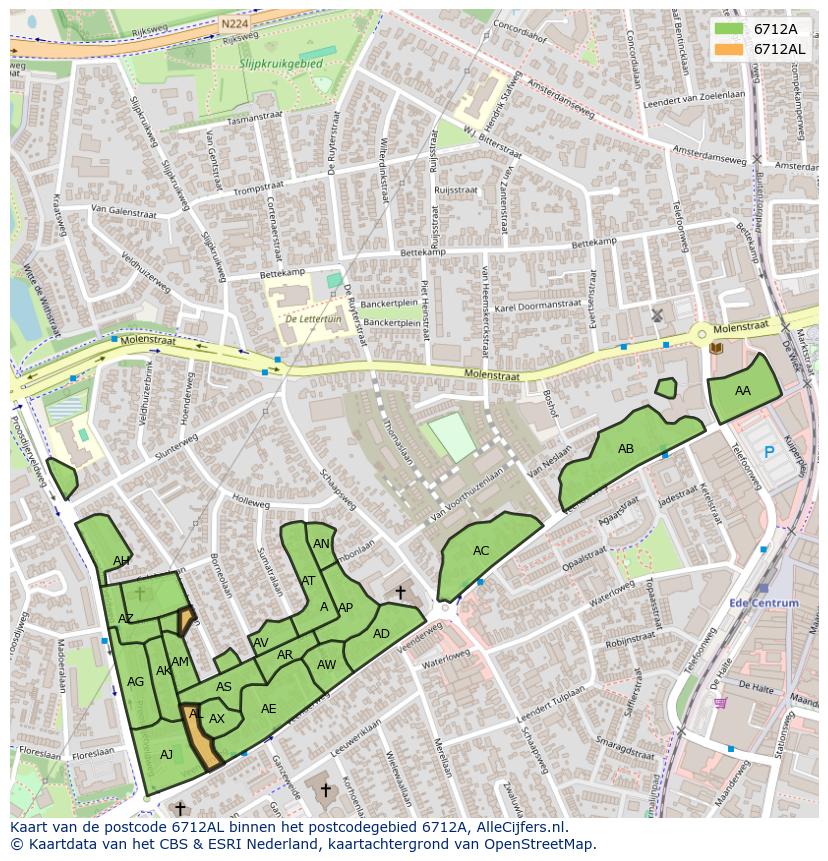 Afbeelding van het postcodegebied 6712 AL op de kaart.