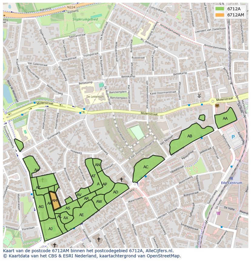 Afbeelding van het postcodegebied 6712 AM op de kaart.
