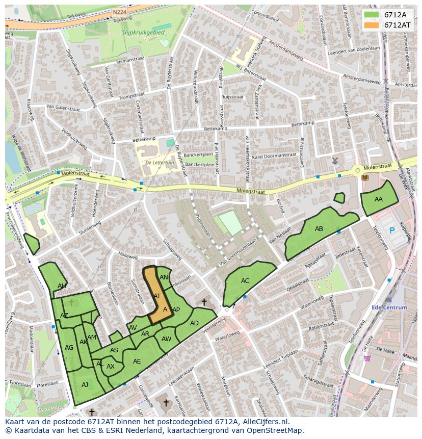 Afbeelding van het postcodegebied 6712 AT op de kaart.