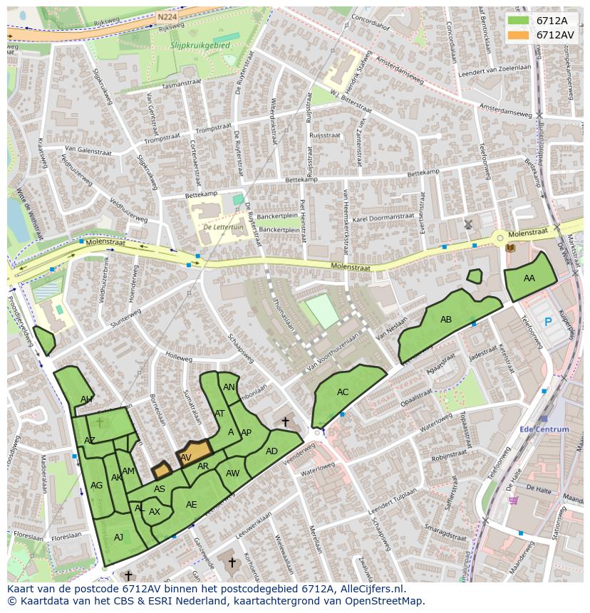 Afbeelding van het postcodegebied 6712 AV op de kaart.
