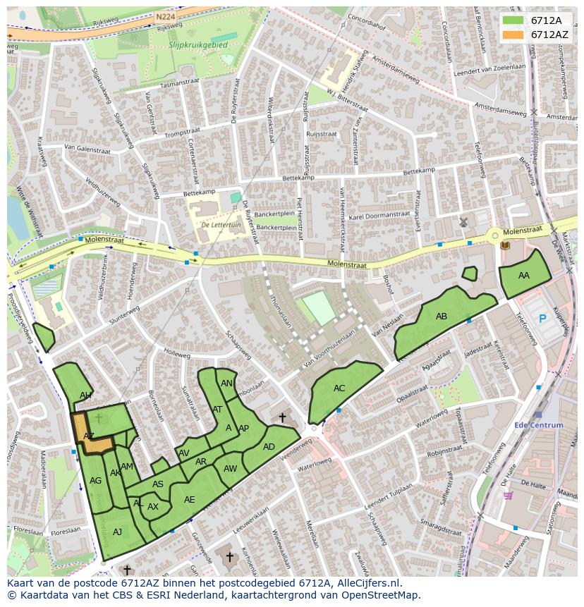 Afbeelding van het postcodegebied 6712 AZ op de kaart.