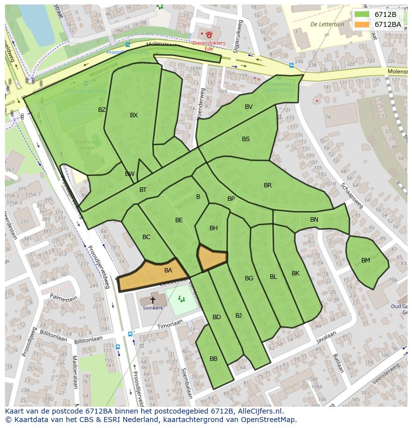 Afbeelding van het postcodegebied 6712 BA op de kaart.