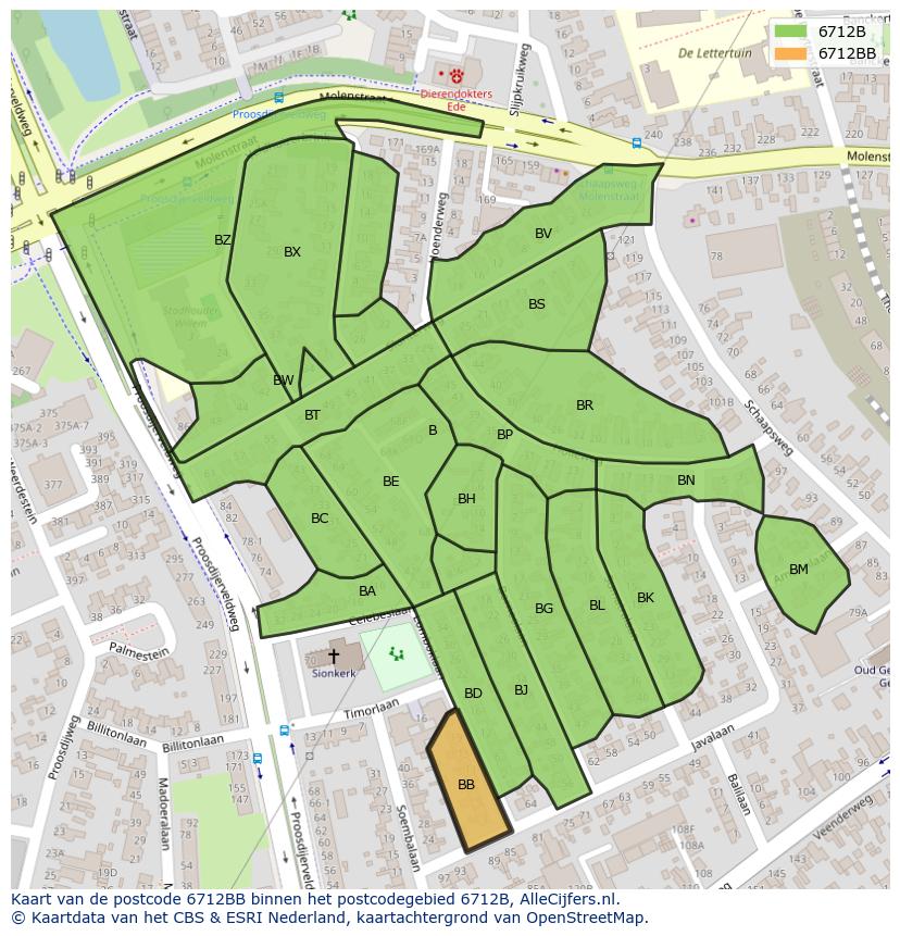 Afbeelding van het postcodegebied 6712 BB op de kaart.