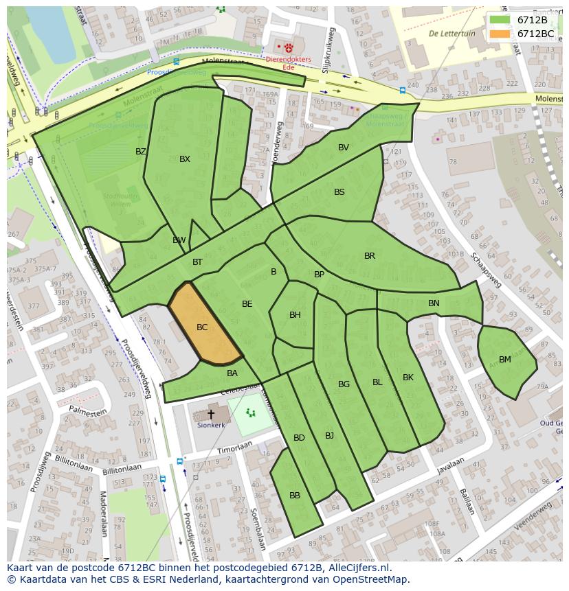 Afbeelding van het postcodegebied 6712 BC op de kaart.
