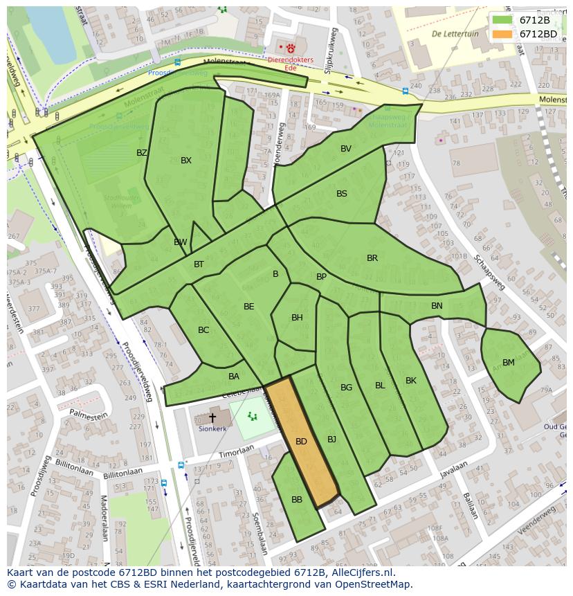 Afbeelding van het postcodegebied 6712 BD op de kaart.