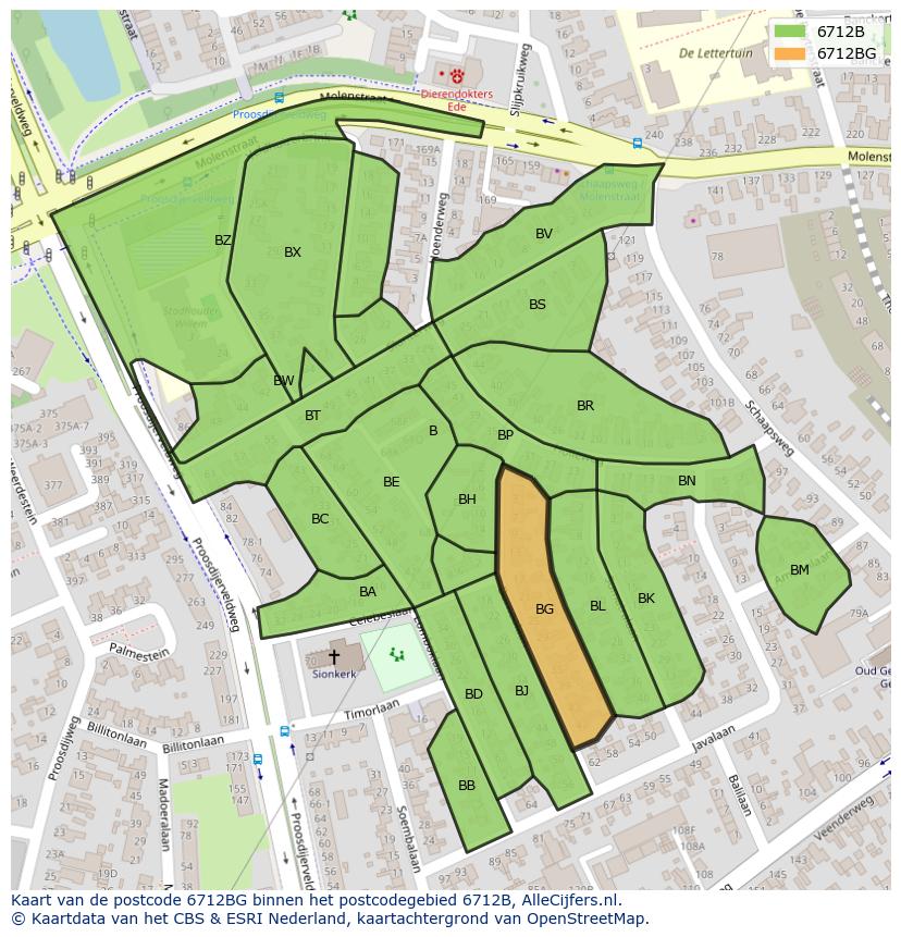 Afbeelding van het postcodegebied 6712 BG op de kaart.