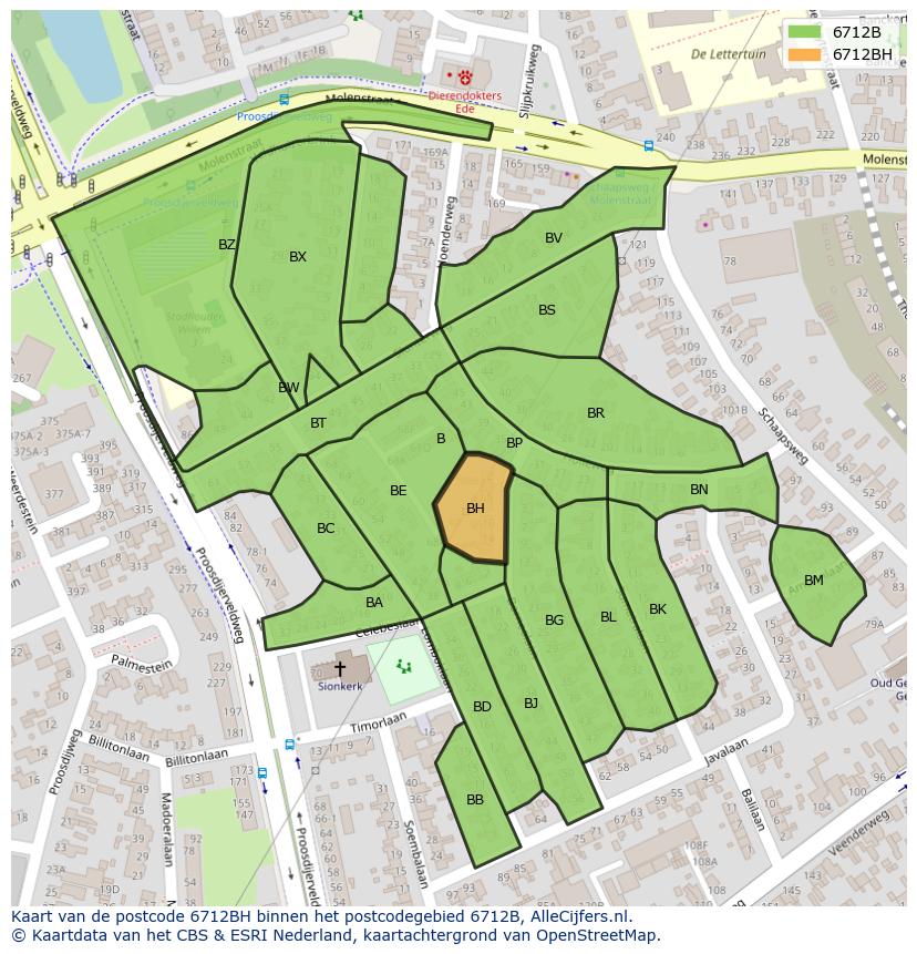 Afbeelding van het postcodegebied 6712 BH op de kaart.
