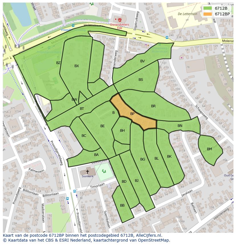 Afbeelding van het postcodegebied 6712 BP op de kaart.