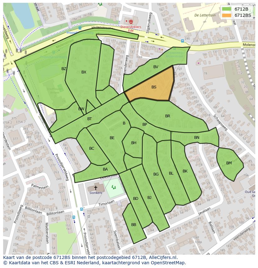 Afbeelding van het postcodegebied 6712 BS op de kaart.
