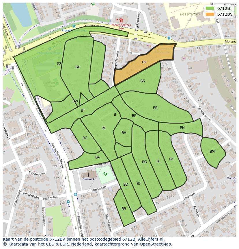 Afbeelding van het postcodegebied 6712 BV op de kaart.