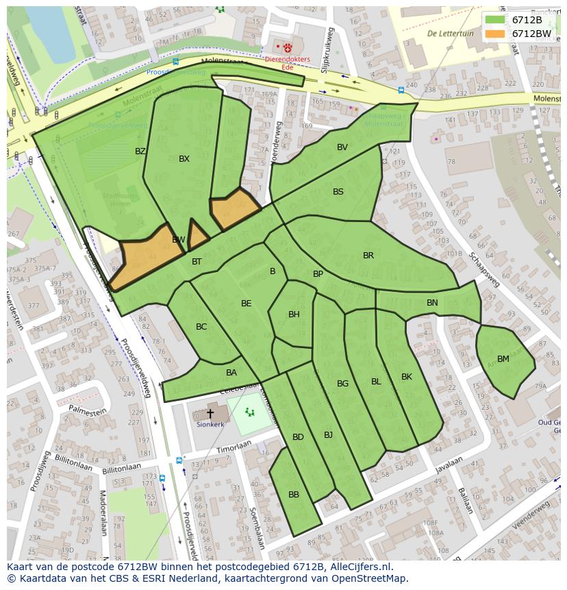 Afbeelding van het postcodegebied 6712 BW op de kaart.