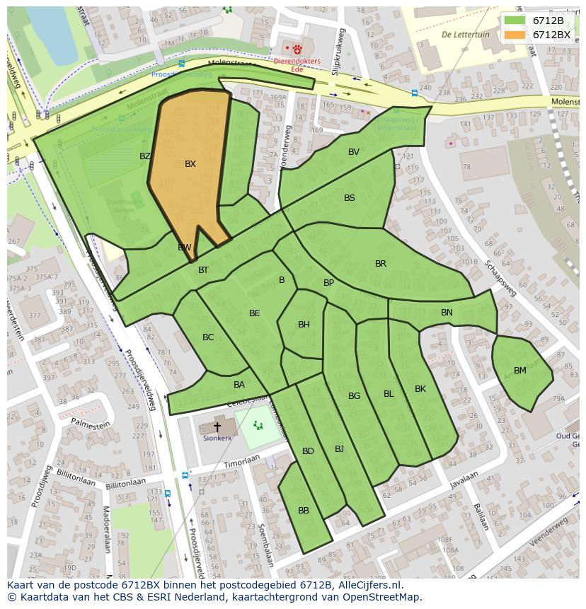 Afbeelding van het postcodegebied 6712 BX op de kaart.