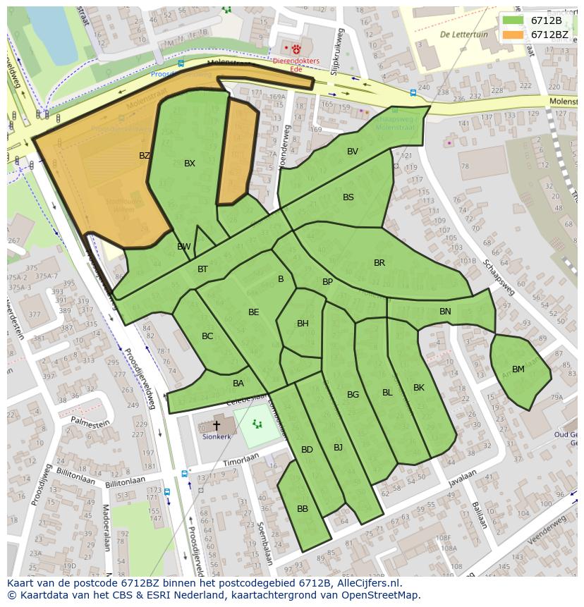 Afbeelding van het postcodegebied 6712 BZ op de kaart.