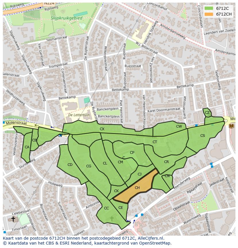 Afbeelding van het postcodegebied 6712 CH op de kaart.