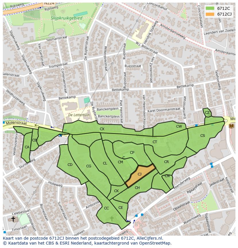 Afbeelding van het postcodegebied 6712 CJ op de kaart.