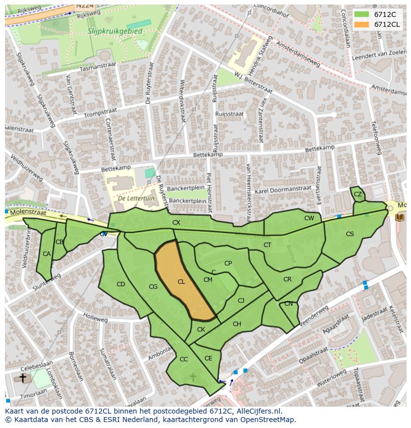 Afbeelding van het postcodegebied 6712 CL op de kaart.