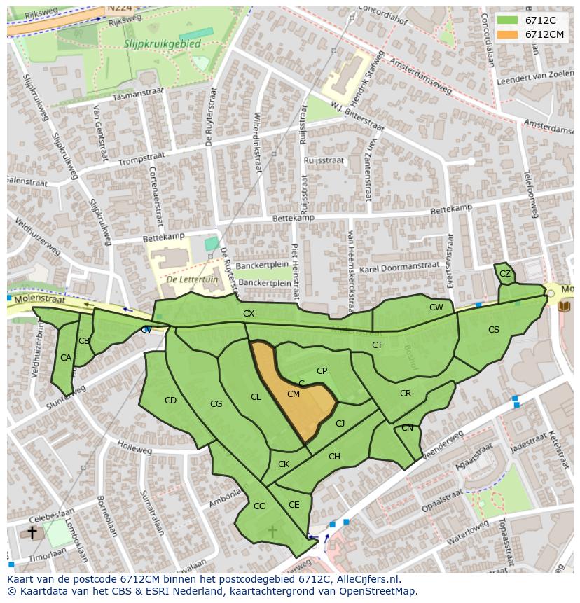 Afbeelding van het postcodegebied 6712 CM op de kaart.