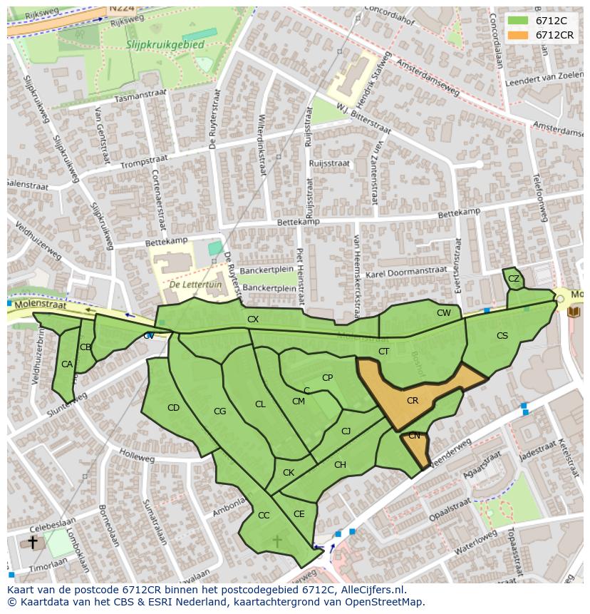 Afbeelding van het postcodegebied 6712 CR op de kaart.