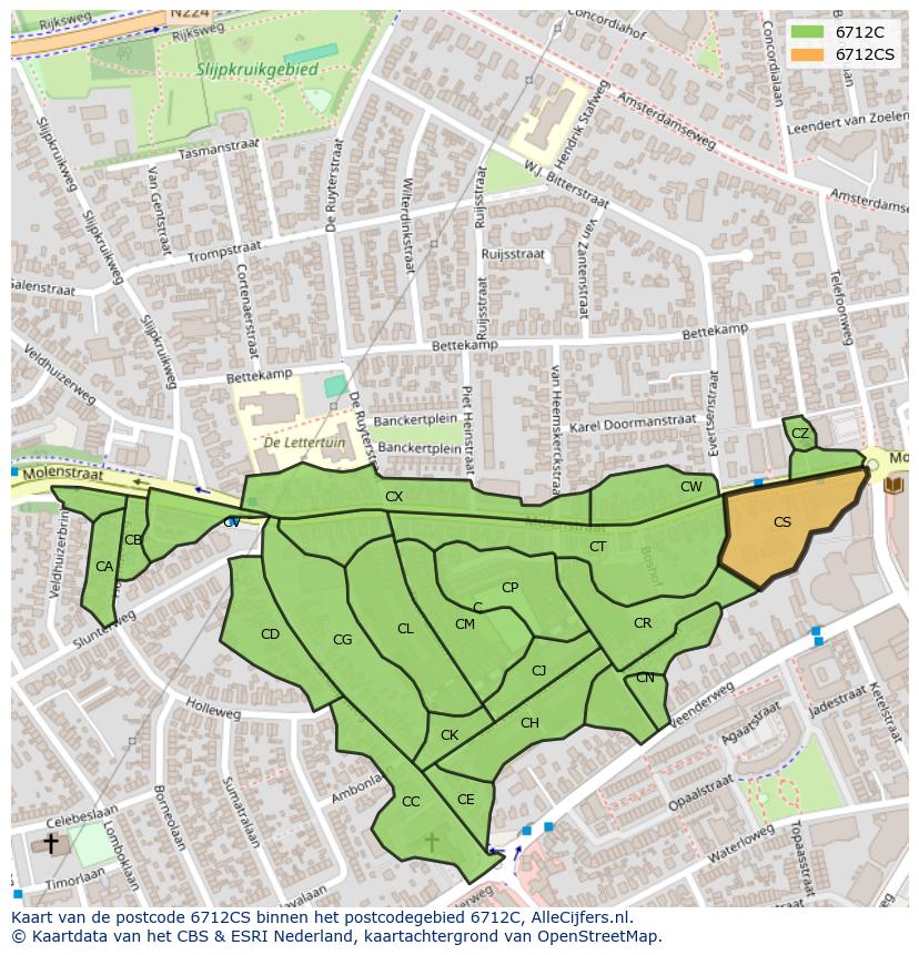Afbeelding van het postcodegebied 6712 CS op de kaart.