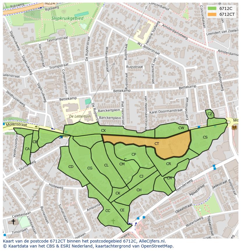 Afbeelding van het postcodegebied 6712 CT op de kaart.