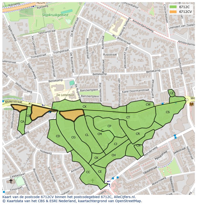 Afbeelding van het postcodegebied 6712 CV op de kaart.