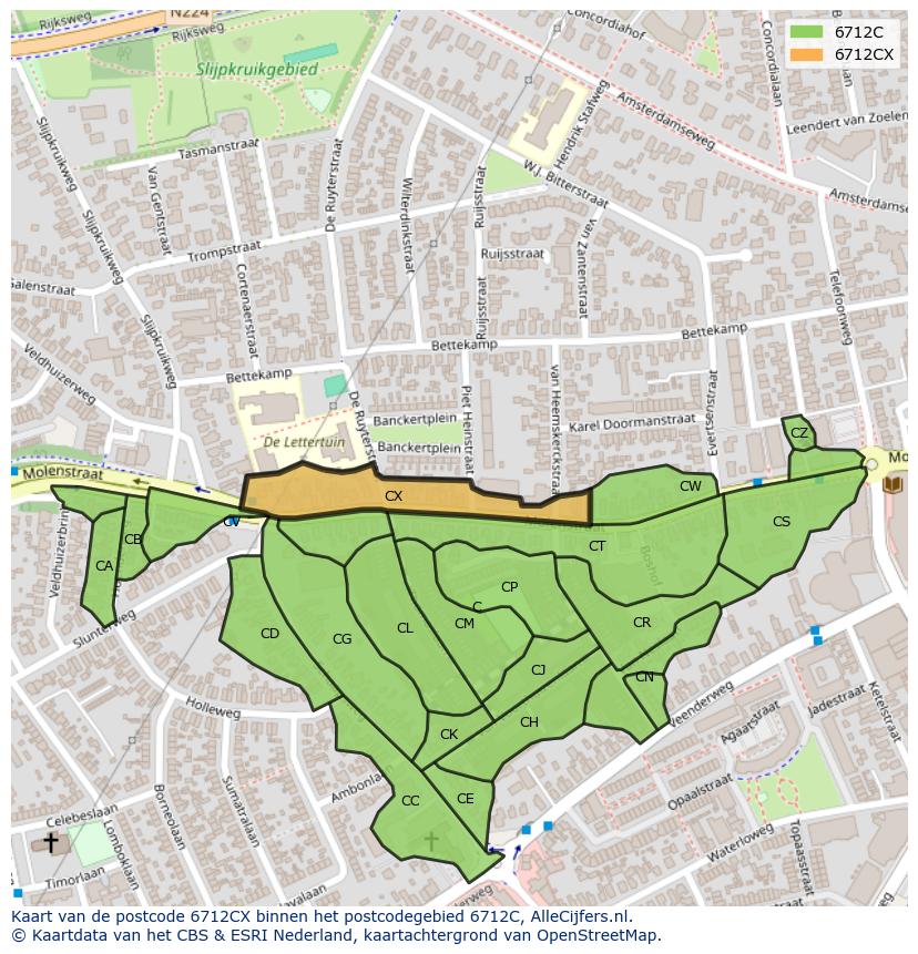 Afbeelding van het postcodegebied 6712 CX op de kaart.