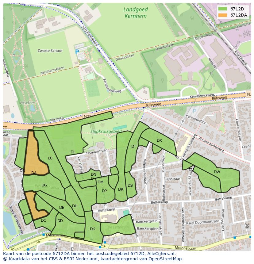 Afbeelding van het postcodegebied 6712 DA op de kaart.