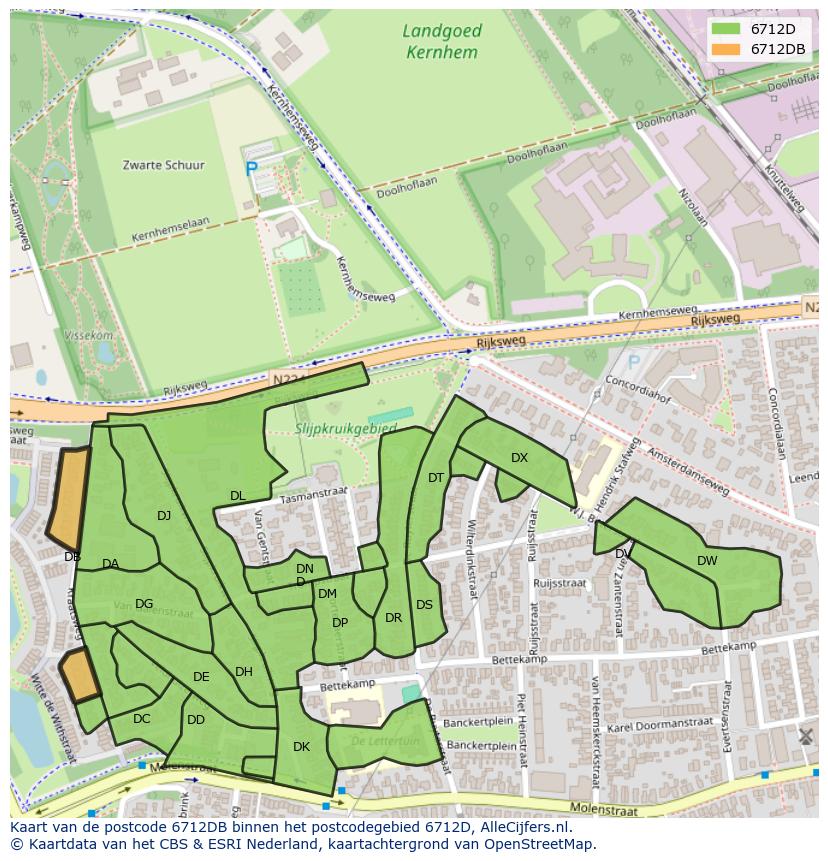 Afbeelding van het postcodegebied 6712 DB op de kaart.