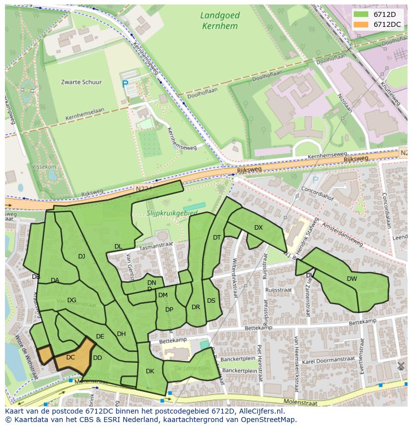 Afbeelding van het postcodegebied 6712 DC op de kaart.