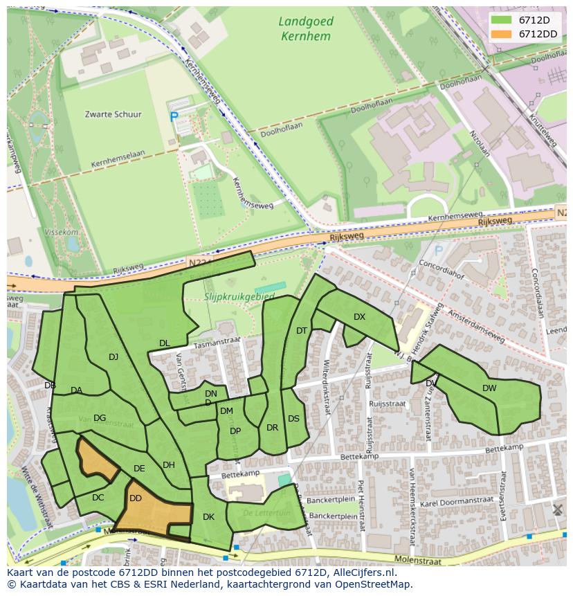 Afbeelding van het postcodegebied 6712 DD op de kaart.