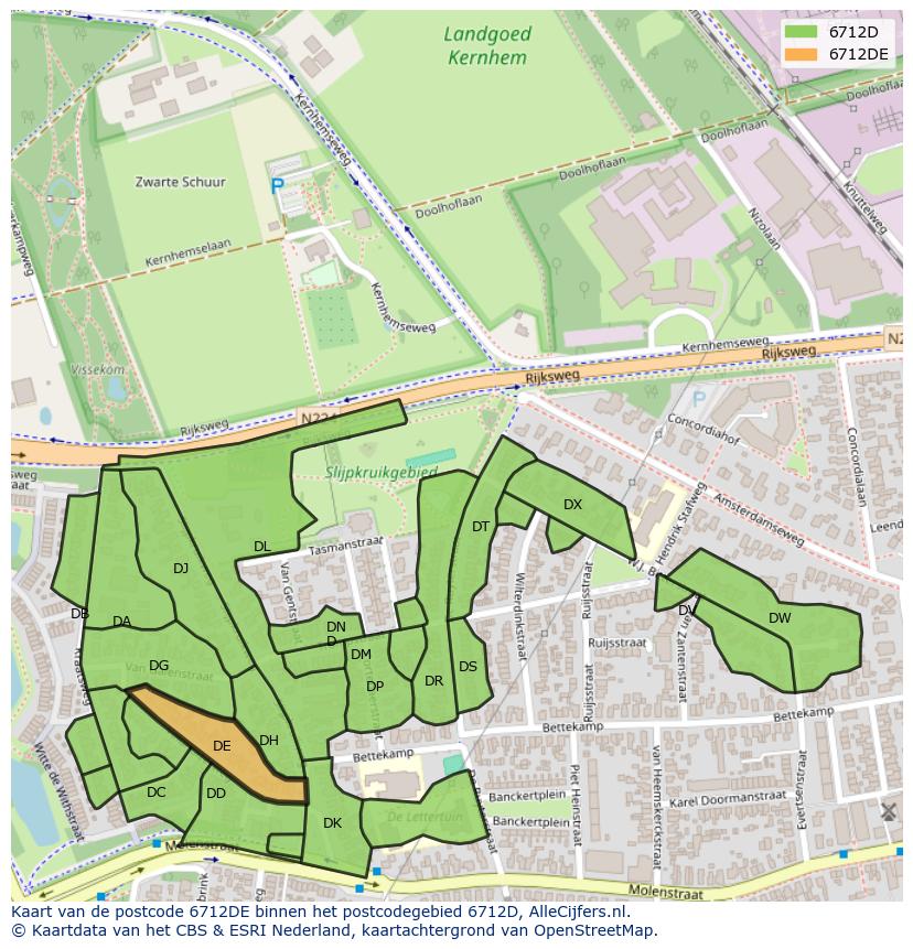 Afbeelding van het postcodegebied 6712 DE op de kaart.