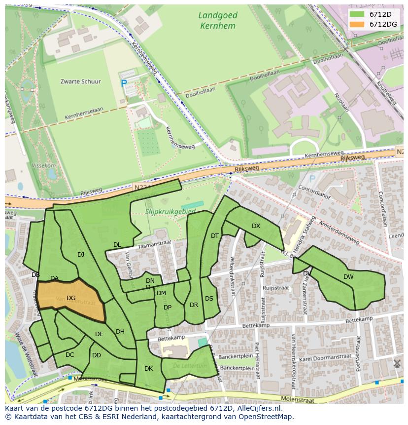 Afbeelding van het postcodegebied 6712 DG op de kaart.