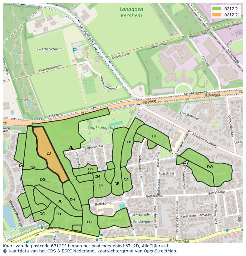 Afbeelding van het postcodegebied 6712 DJ op de kaart.