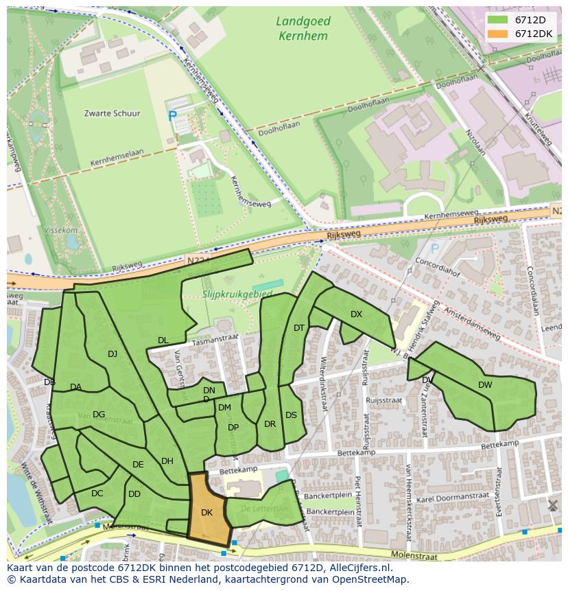 Afbeelding van het postcodegebied 6712 DK op de kaart.