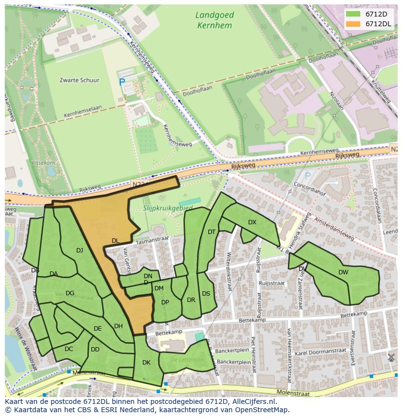 Afbeelding van het postcodegebied 6712 DL op de kaart.