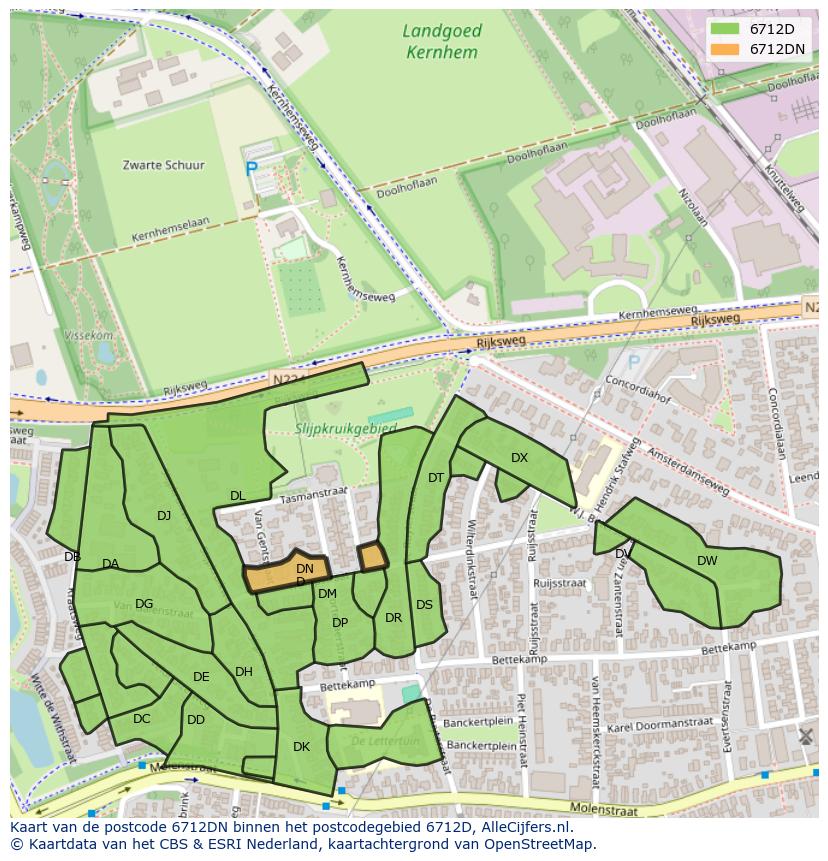 Afbeelding van het postcodegebied 6712 DN op de kaart.