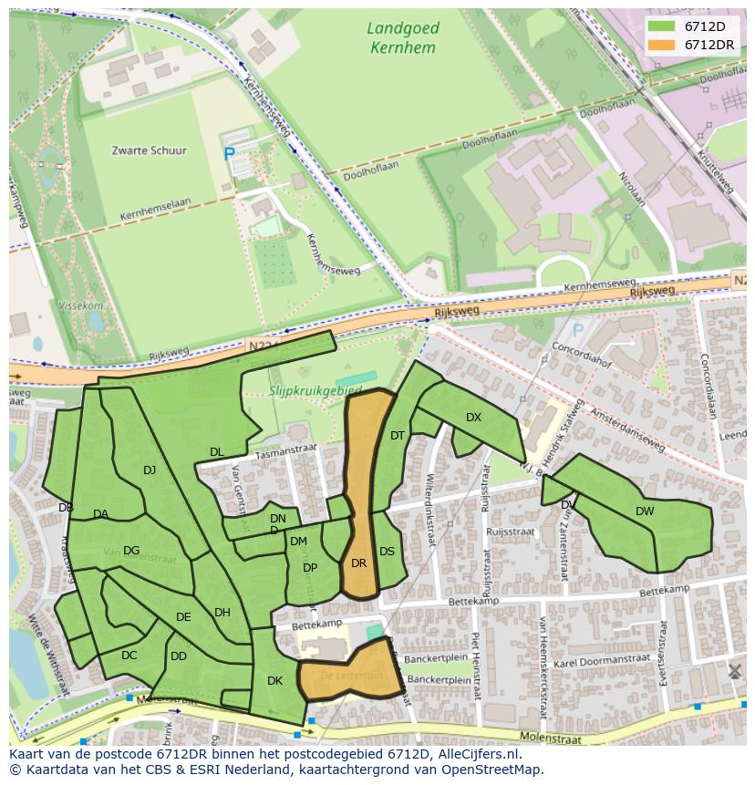 Afbeelding van het postcodegebied 6712 DR op de kaart.