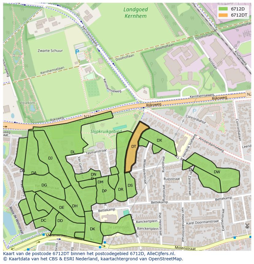 Afbeelding van het postcodegebied 6712 DT op de kaart.