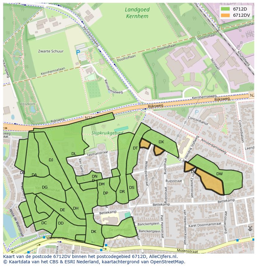 Afbeelding van het postcodegebied 6712 DV op de kaart.