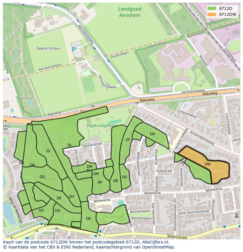 Afbeelding van het postcodegebied 6712 DW op de kaart.
