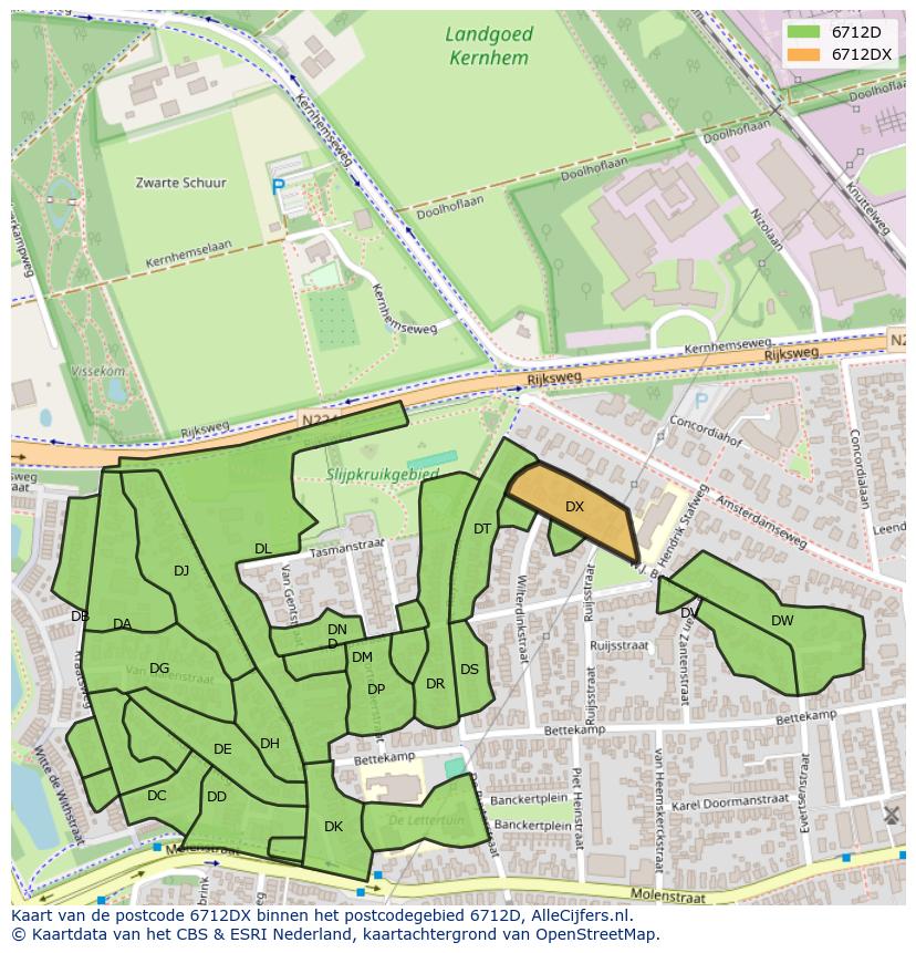 Afbeelding van het postcodegebied 6712 DX op de kaart.