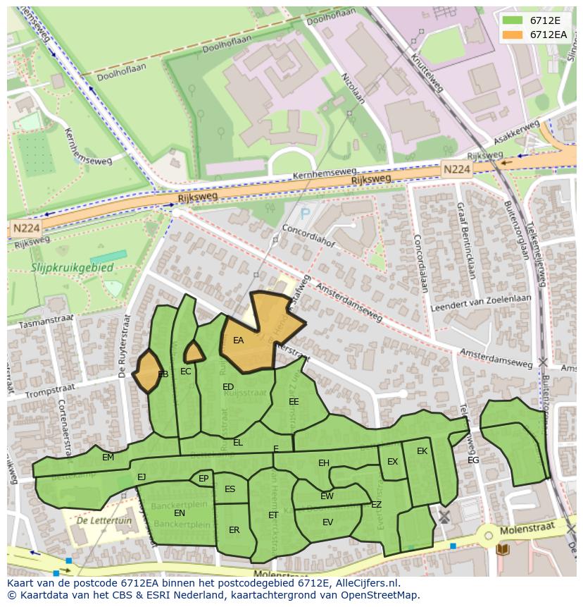 Afbeelding van het postcodegebied 6712 EA op de kaart.