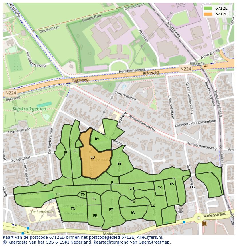 Afbeelding van het postcodegebied 6712 ED op de kaart.