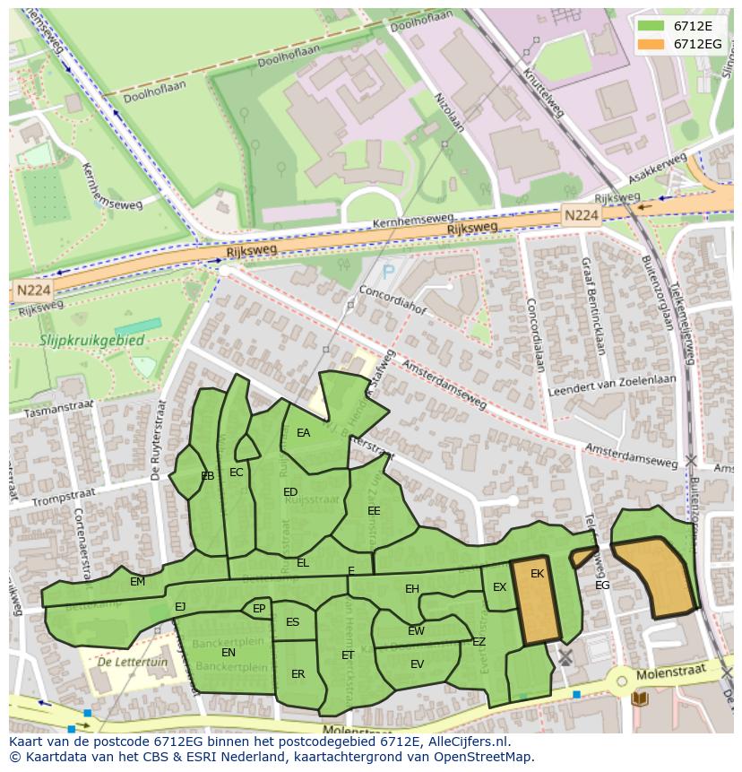 Afbeelding van het postcodegebied 6712 EG op de kaart.