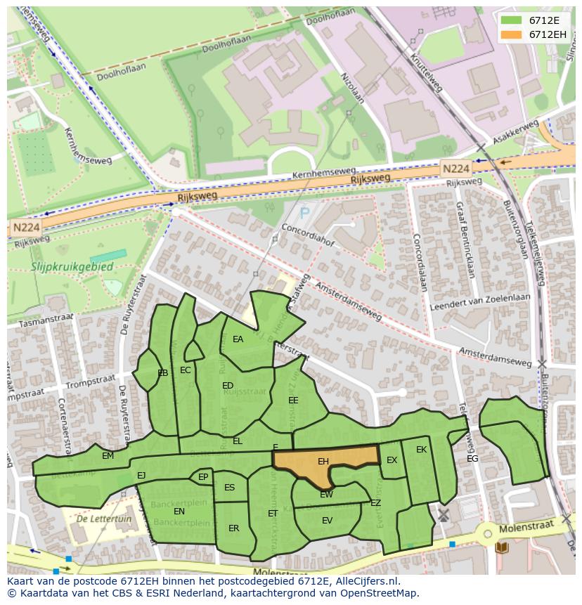 Afbeelding van het postcodegebied 6712 EH op de kaart.