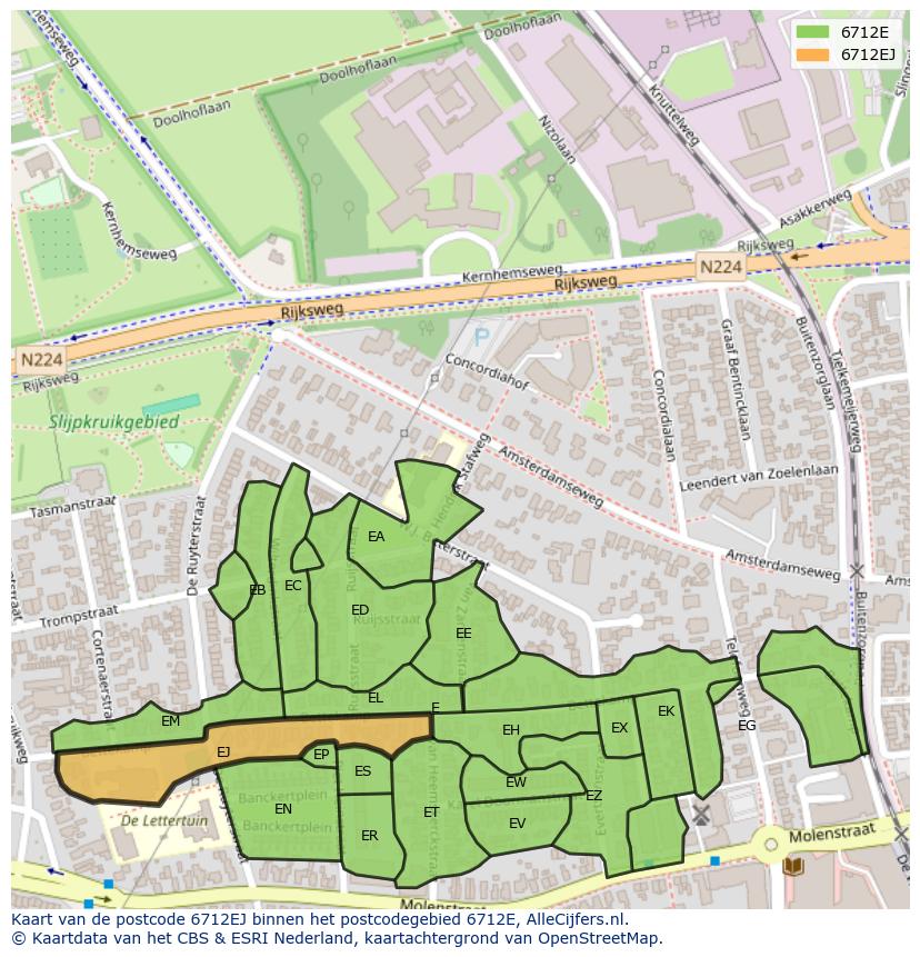 Afbeelding van het postcodegebied 6712 EJ op de kaart.