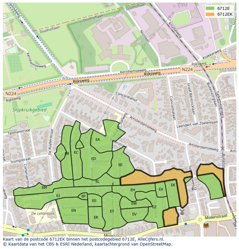 Afbeelding van het postcodegebied 6712 EK op de kaart.