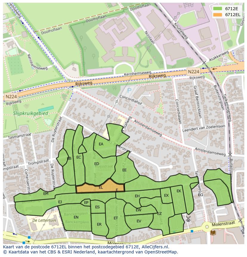 Afbeelding van het postcodegebied 6712 EL op de kaart.