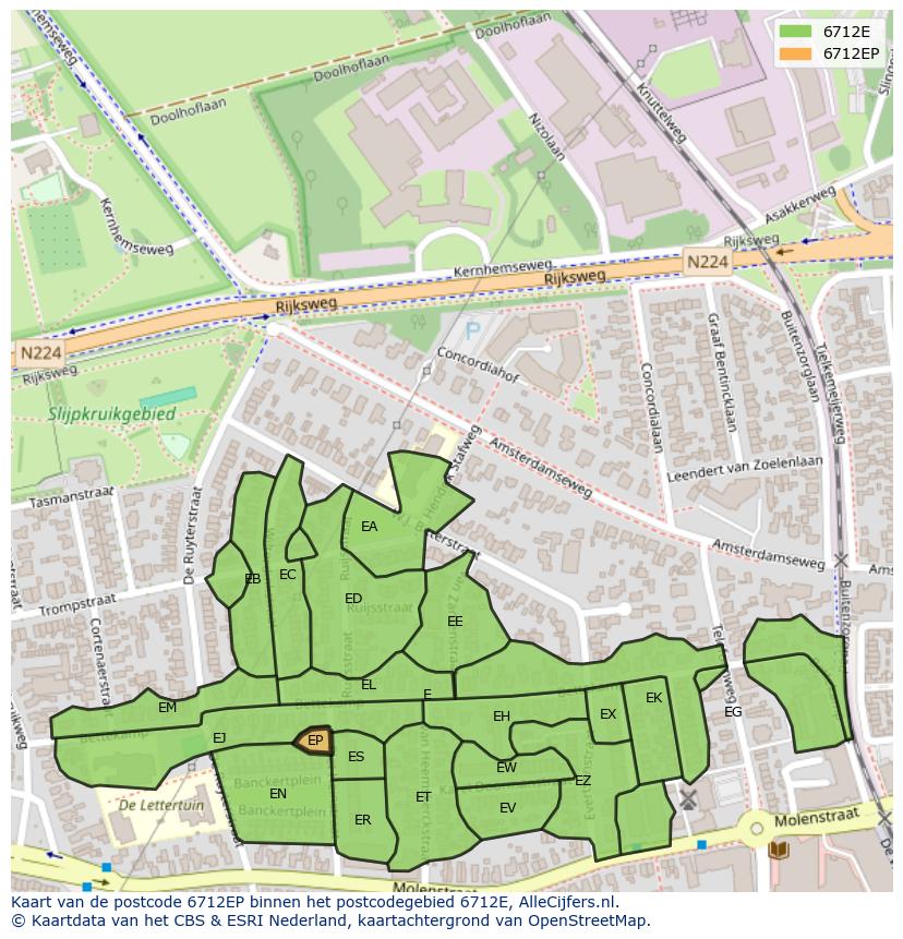Afbeelding van het postcodegebied 6712 EP op de kaart.